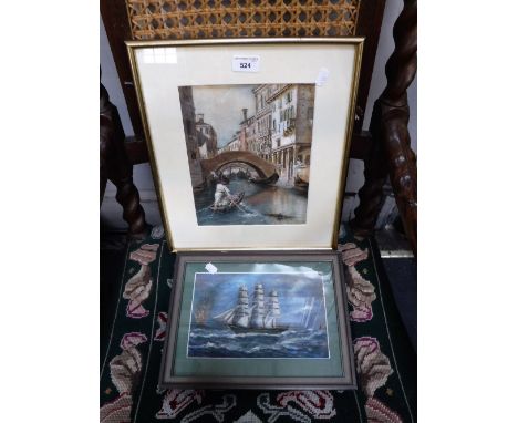 A 19TH CENTURY VENETIAN SCENE, watercolour and an oil sketch of a ship passing a volcano