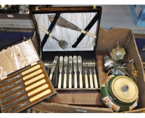 SILVER PLATED CUTLERY IN WOODEN BOXES, metalware, a ceramic biscuit barrel and other items (one box)