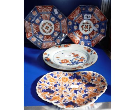 A CHINESE EXPORT PORCELAIN PLATE with Imari style floral decoration, 18th century and three other Oriental ceramic dishes (4)