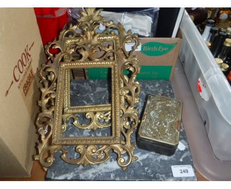 A SMALL 19TH CENTURY BOULLE WORK BOX with brass inlay (A/F), a pair of gilt metal picture frames and a marble and gilt metal 