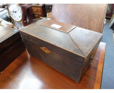 A 19TH CENTURY SARCOPHAGUS-SHAPED TEA CADDY (missing interior), 12" long x 6"