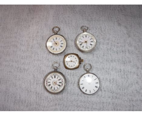 A COLLECTION OF FOUR LATE 19TH/EARLY 20TH CENTURY LADIES FOB WATCHES with enamelled dials and engraved decoration and one oth