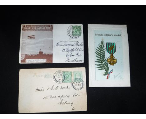 A FIRST UK AIR POSTCARD,1911 sent by one of the six sortees working at the Post Office on that day and two other cards (3)