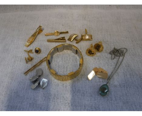 A PAIR OF GENTLEMAN'S 9CT YELLOW GOLD CUFFLINKS with engine-turned decoration and other various cufflinks, a bracelet and tie