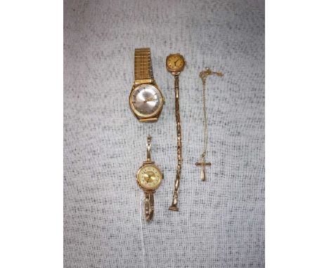 A LADIES VINTAGE ROTARY YELLOW GOLD WRISTWATCH on a gold plated expandable strap, one other ladies wristwatch, a gentleman's 