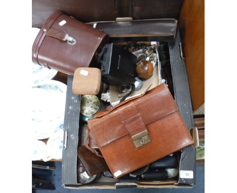 A VINTAGE LEATHER WRITING CASE, cameras and sundries