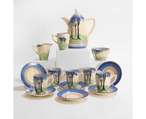 Clarice Cliff (1899-1972), a 'Blur Firs' pottery coffee service, c.1930, 'Lynton' shape, comprising a coffee pot, cream jug, 