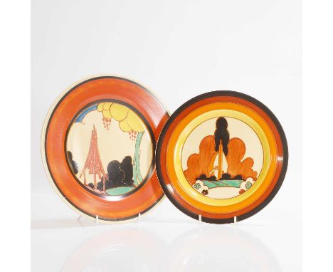 Clarice Cliff (1899-1972), two pottery plates, c.1930, one 'Summer House', the other 'Farmhouse', printed marks,25.5 and 22.5