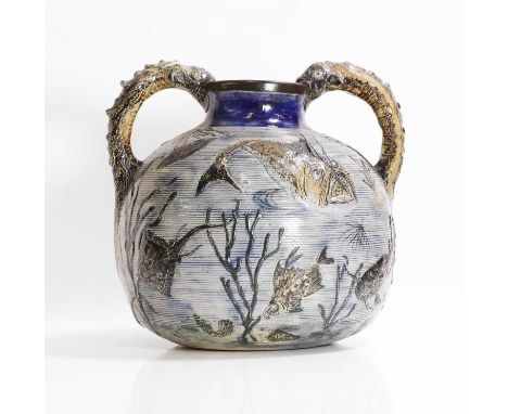 Martin Brothers, a stoneware twin-handled vase, 1884, decorated with aquatic creatures, signed and dated 'R W Martin &amp; Br