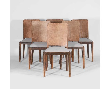 Art Deco, a set of six walnut dining chairs, c.1930, each with a contemporary grey-upholstered seat pad,47cm wide52cm deep89.