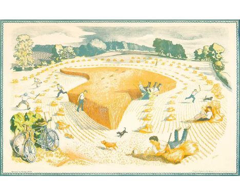 John Nash RA (1893-1977) 'Harvesting'a lithographic poster, 1945, printed by Baynard Press for School Prints Ltd.49.5 x 76cmT