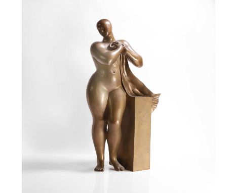 ▲ Luigi Galligani (Italian, b.1957), a study of a nude, holding a robe, beside a plinth, patinated bronze, signed 'L. Galliga