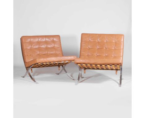 After Ludwig Mies van der Rohe, a pair of 'Barcelona' chairs, designed in 1929, of recent manufacture, each with tan leather 