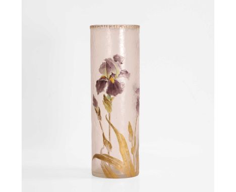 Legras Mont Joye, an enamelled glass vase, c.1900, of sleeve form, enamelled with flowers to an acid-etched ground, gilt 'Mon