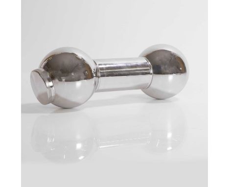Art Deco, a silver-plated 'Dumbbell' cocktail shaker, American, stamped 'PATPENI',29cm long
