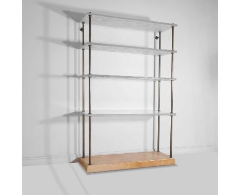 The Allen Studio, a display unit, cast glass, bronze, and brass on a sycamore base,130cm wide45cm deep201cm high