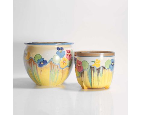 Clarice Cliff (1899-1972), two 'Delecia Pansies' pottery jardinières, c.1930, the first of globular form, the second of taper