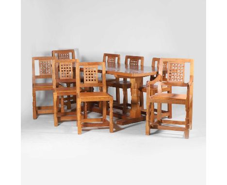 ▲ Robert 'Mouseman' Thompson (1876-1955) an oak dining suite, comprising:a refectory table,with an adzed top, raised on octag