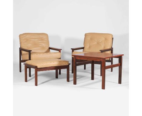 Illum Wikkelsø (Danish, 1919-1999) for Niels Eilersen, a pair of ziricote armchairs, 1960s, each with leather upholstery, 68c