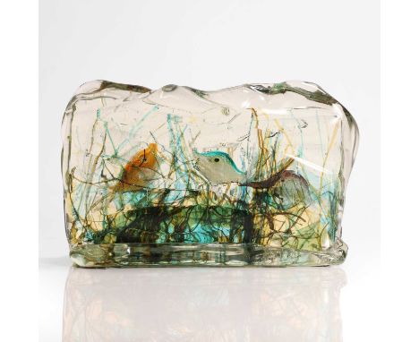 Gino Cenedese (Italian, 1907-1973), a glass 'Aquarium', c.1950, Murano, the glass slab containing three stylised fish, raised