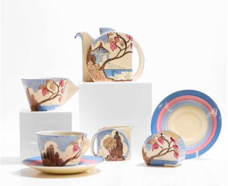 Clarice Cliff (1899-1972), a 'Blue Japan' pottery tea service, c.1930, comprising a 'Stamford' shape teapot, cream jug, two s