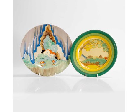 Clarice Cliff (1899-1972), two pottery plates, c.1930, one 'Secrets', the other 'Newlyn', printed marks,22.7 and 25.5cm diame