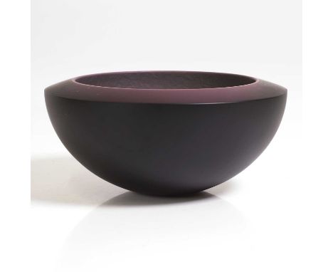 ▲ Rachael Woodman (b.1957), a studio glass bowl, dated '1986', deeply cased in amethyst glass with an acid-etched interior, e