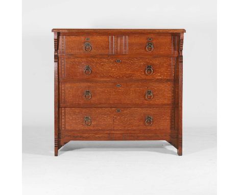 Charles Locke Eastlake (1836-1906), an Aesthetic oak chest of drawers, c.1870, with two short over three long drawers, each w