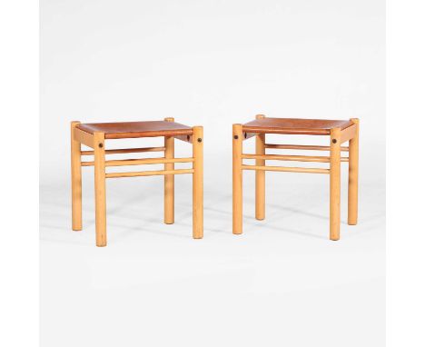 Ibisco, a pair of cognac leather and birch stools, Italian, of recent manufacture, with manufacturer's label 'Ibisco',45cm wi