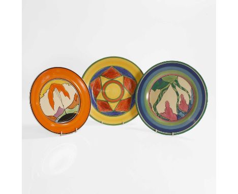 Clarice Cliff (1899-1972), three pottery plates, c.1930, in 'Mountain', 'Rudyard' and 'Original Bizarre', printed marks,'Rudy