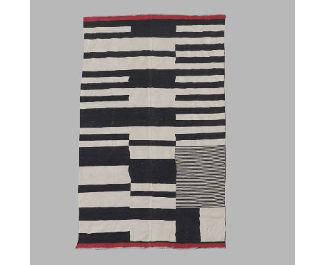 Bauhaus inspired, a flat-weave wool carpet, of recent manufacture, woven with various stripes in tones of black, red and crea