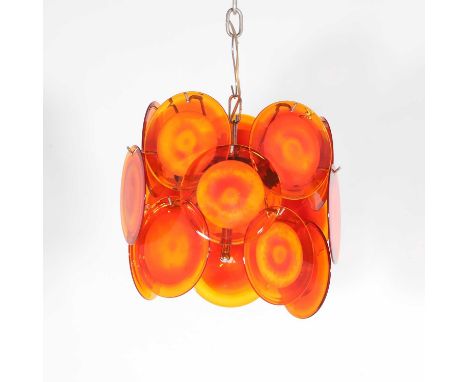 Attributed to Gino Vistosi (Italian, 1925-1980), a Murano glass chandelier, c.1970, with seventeen orange and opal glass disc