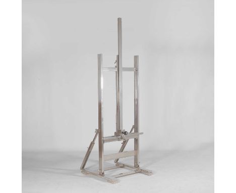 Contemporary, a polished aluminium artist's easel, of recent manufacture, with adjustable hand crank,67cm wide79cm deep209cm 