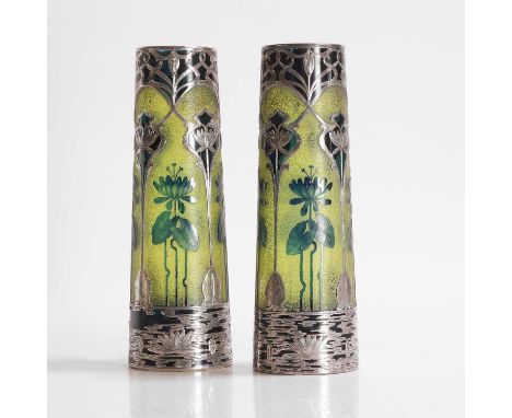 Attributed to Josef Riedel, a pair of cased, acid-etched and silver-mounted glass vases, c.1900, Bohemian, each of tapering f