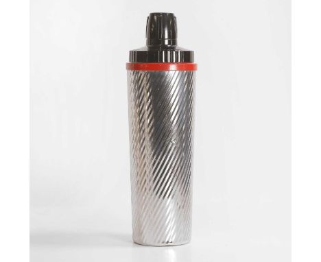 Art Deco, a Ritz cocktail shaker, 1930s, glass-lined with a ribbed chrome outer casing and Bakelite top, engraved 'RITZ' and 