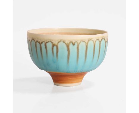 ▲ Peter Wills (b.1955), a porcelain bowl, partially covered in turquoise glaze with white running from the rim, and a turquoi
