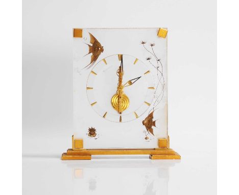 Jaeger-LeCoultre, a Lucite-cased 'Marina' desk clock, c.1960, the frosted case decorated with fish and with gilt mounts, 18cm