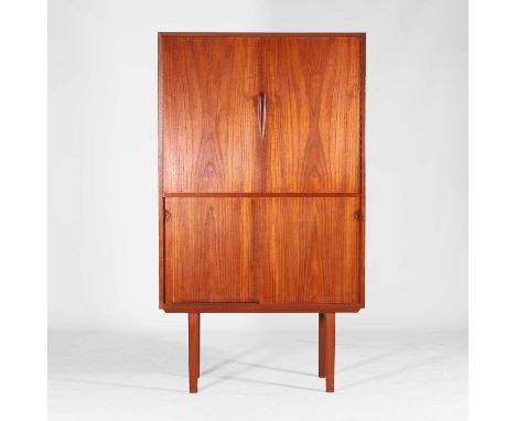 Attributed to Henry Rosengren Hansen (Danish, 1899-1978), a teak drinks cabinet, c.1960, the pair of doors opening to reveal 