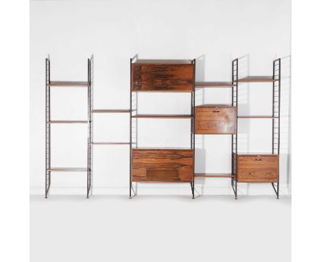 § Ladderax, a rosewood Ladderax system,ladder 340cm wide overall x 201cm highsix shelves 58cm wide x 38.5cm deepthe larger sh