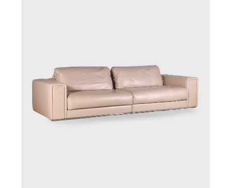 Fendi, a grey leather sofa, with two back cushions embroidered 'Fendi' with horse motif, raised on a polished aluminium frame