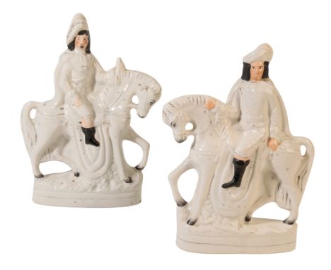 A PAIR OF LATE VICTORIAN STAFFORDSHIRE POTTERY FIGURES MODELLED AS EQUESTRIAN TROUBADORS the white glaze painted in coloured 
