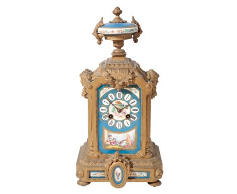 A FRENCH GILT-METAL AND SEVRES STYLE PORCELAIN PANELLED MANTEL CLOCK 19th century, the two train movement striking on a bell,