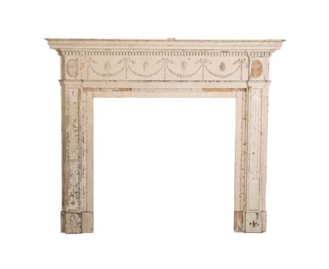 A WHITE-PAINTED FIRE SURROUND in the manner of Robert Adam, requiring restoration, 140cm high x 164cm wideFrom The Estate of 