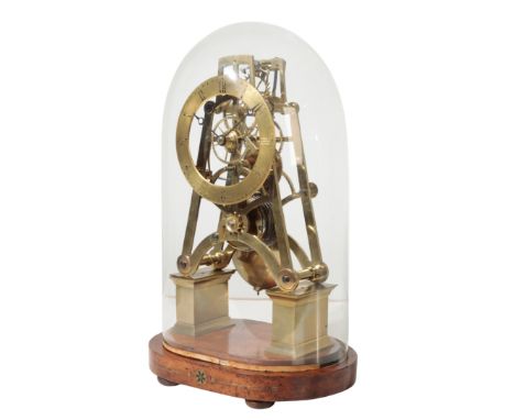 A VICTORIAN SKELETON CLOCK, the single fusee  movement, between a brass "A"-shaped frame, standing on pillar supports, attach