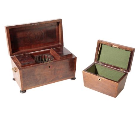 A LATE GEORGE III MAHOGANY TEA CADDY with brass carrying handles to the sides, 31cm x 16cm x 17cm, together with  a smaller t