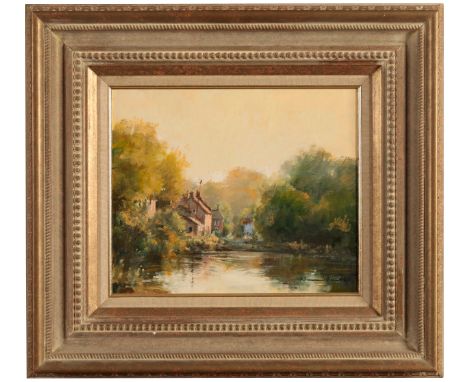 *NORMAN SMITH (B. 1949) 'The Village Pond' signed lower right, oil on canvas, 24cm x 29.5cm From The Estate of John Whitwell 