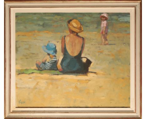 *PATSY FARR (B. 1955) A mother and her daughters at the beach signed lower left, oil on canvas, 50cm x 60cm From The Estate o