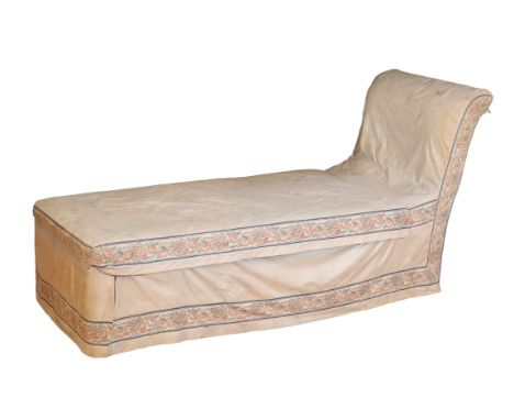 A VICTORIAN COUNTRY HOUSE DAYBED covered in floral printed silk, on a pedestal base, 83cm high x 64cm wide x 160cm long