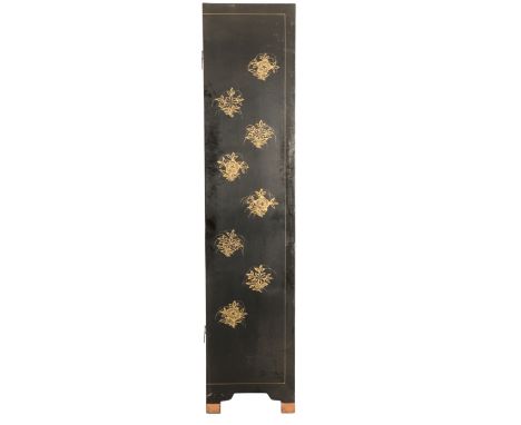 A CHINESE BLACK LACQUER SIX-FOLD SCREEN with applied soapstone decoration including precious objects, a horse, an ox, a camel