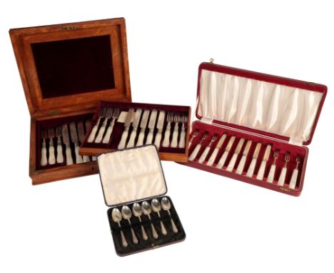 A SET OF SIX SILVER TEASPOONS cased, a set of silver and mother of pearl handled cutlery, cased, and a partial set of silver 